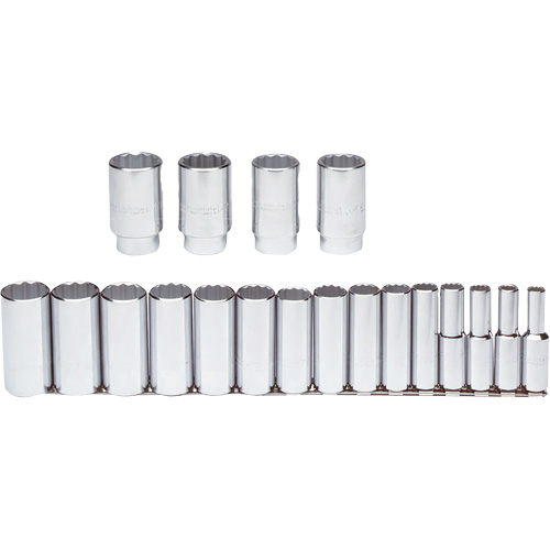 Socket Set, 19 Pcs, 1/2" Drive Size, Deep Action Paper