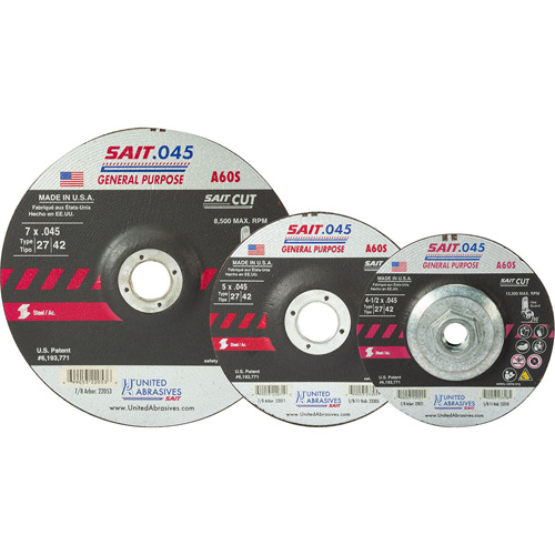 Disque de coupe Sait, 5" x 0,045", Arbre de 7/8", Type 27, Oxyde d'aluminium, 12 200 Tr/min Action Paper