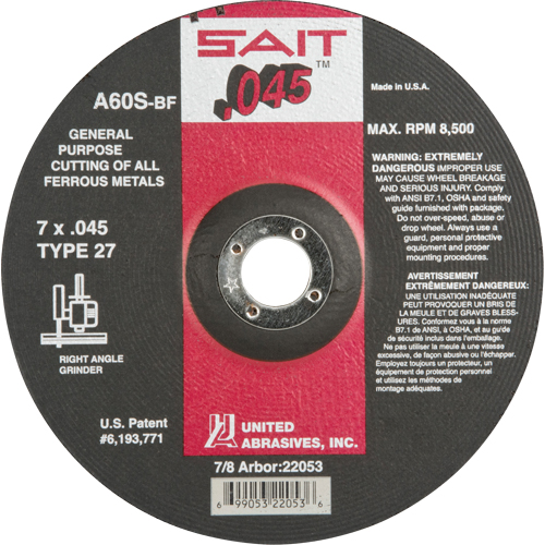 Depressed Center Cut-Off Wheel, 7" x 0.045", 7/8" Arbor, Type 27, Aluminum Oxide, 8500 RPM Action Paper