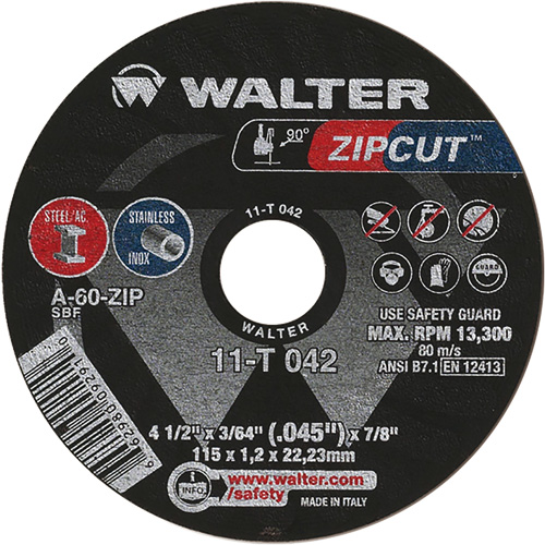 Zipcut Cut-Off Wheel, 4-1/2" x 3/64", 7/8" Arbor, Type 1, Aluminum Oxide, 13300 RPM Action Paper