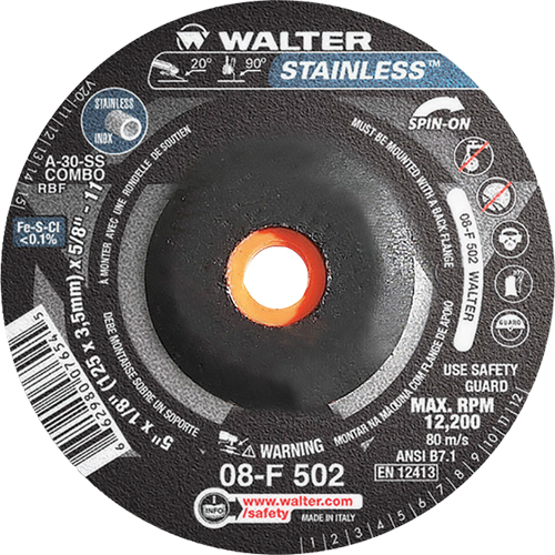 Depressed Centre Grinding Wheels - Stainless Type 27, 5" x 1/8", 5/8"-11 Arbor, Type 27S Action Paper
