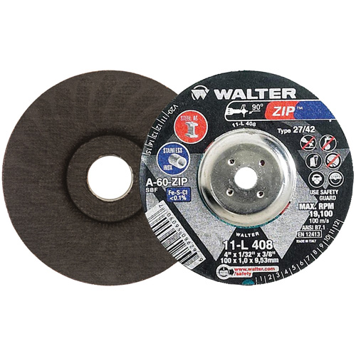 Disque de meulage et de tronçonnage Zip, 4" x 1/32", Arbre de 3/8", Type 27, Grain de 60, Oxyde d'aluminium Action Paper