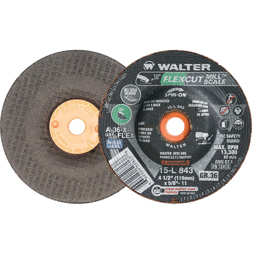 Meule FLEXCUT MILL SCALE, 4-1/2", 36 Grain, Oxyde d'aluminium, 5/8"-11, 13 300 Tr/min, Type 29 Action Paper