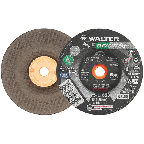 FLEXCUT MILL SCALE Grinding Wheel, 5", 36 Grit, Aluminum Oxide, 5/8"-11, 12200 RPM, Type 29 Action Paper