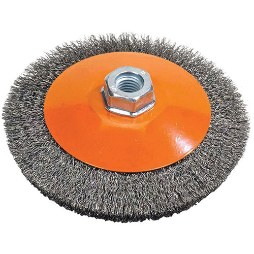 Meule soucoupe &agrave; fils cr&ecirc;p&eacute;s, 4" dia., Fils 0,012", Arbre 5/8"-11 Action Paper
