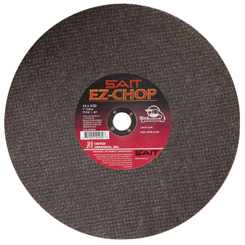 EZ-Chop&reg; Chop Saw Wheel, 14" x 3/32", 1" Arbor, Type 1, Aluminum Oxide, 4400 RPM Action Paper