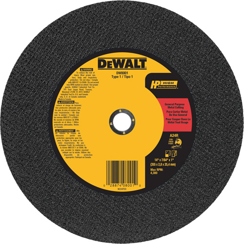 General Purpose Metal Cutting Chop Saw Wheel, 14" x 7/64", 1" Arbor, Type 1, Aluminum Oxide, 4300 RPM Action Paper