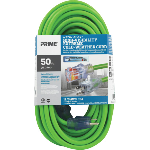 Neon Flex&reg; High Visibility Extension Cord, Outdoor, SJTW, 12/3 AWG, 15 A, 50' Action Paper