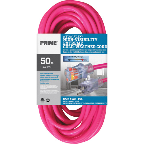 Neon Flex&reg; High Visibility Extension Cord, Outdoor, SJTW, 12/3 AWG, 15 A, 50' Action Paper