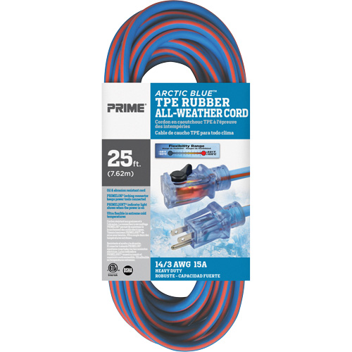 Arctic Blue Extension Cord, All-Weather, SJEOW, 14/3 AWG, 15 A, 25' Action Paper