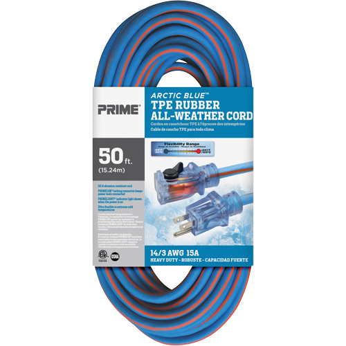 Cordon rallonge Arctic Blue, Toutes saisons, SJEOW, AWG 14/3, 15 A, 50' Action Paper