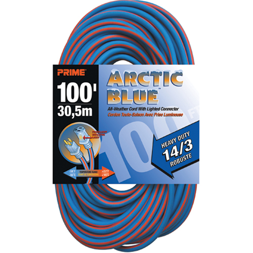 Cordon rallonge Arctic Blue, Toutes saisons, SJEOW, AWG 14/3, 13 A, 100' Action Paper