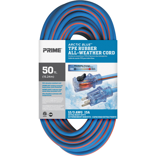 Arctic Blue TPE-Rubber Locking Extension Cord, All-Weather, SJEOW, 12/3 AWG, 15 A, 50' Action Paper
