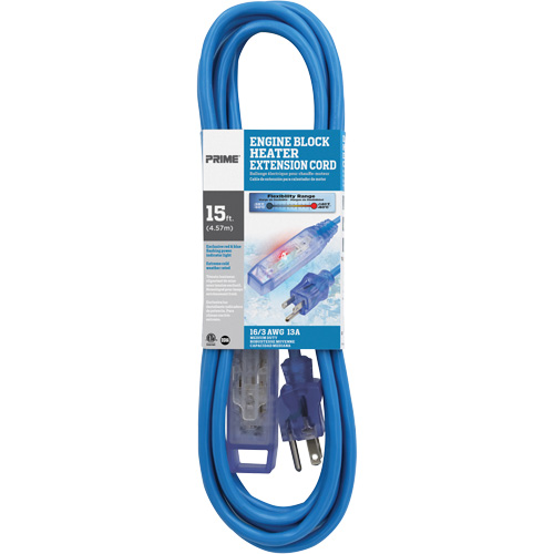 Glacier Flex Engine Block Heater Cord, All-Weather, SJTW, 16/3 AWG, 13 A, 3 Outlet(s), 15' Action Paper