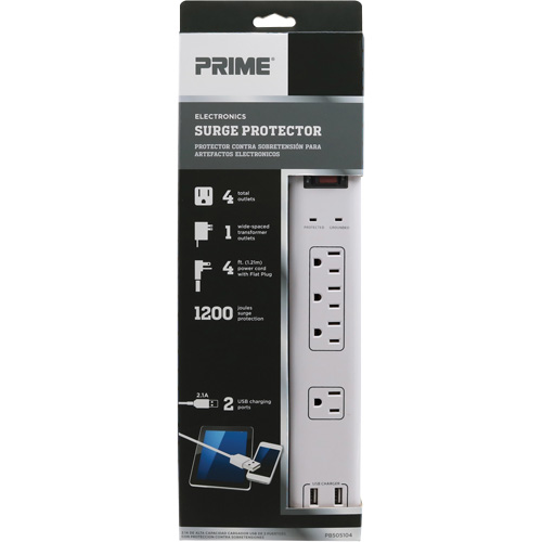 Limiteurs de surtension avec chargeur USB, 4 Prises, 1200 J, 1875 W, Cordon 4' Action Paper