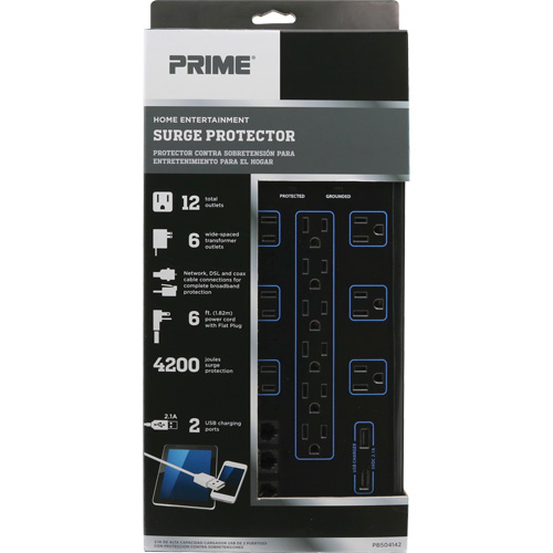 Limiteurs de surtension avec chargeur USB, 12 Prises, 4200 J, 1875 W, Cordon 6' Action Paper