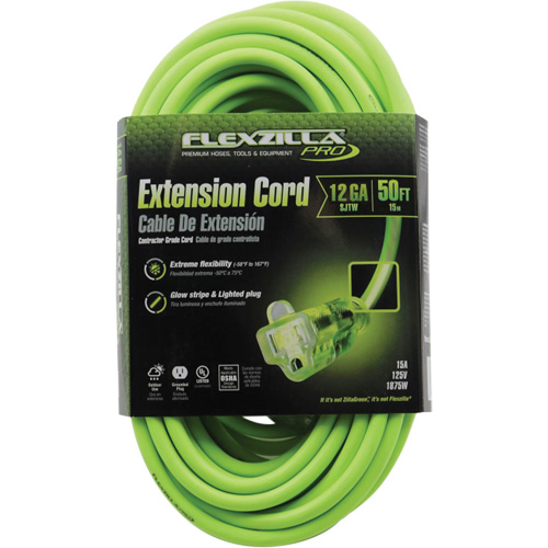 Flexzilla&reg; Pro Industrial Extension Cord, All-Weather, SJTW, 12/3 AWG, 15 A, 50' Action Paper