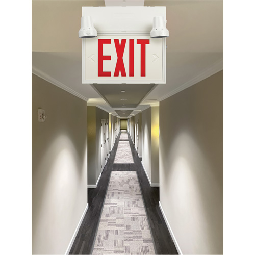 Exit Sign with Security Lights, LED, Battery Operated/Hardwired, 12-1/10" L x 11" W, English Action Paper
