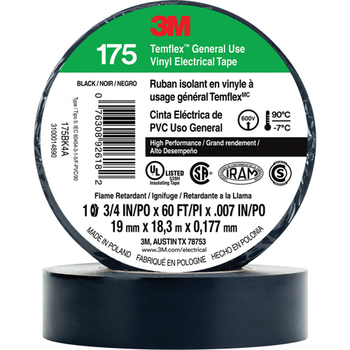 Temflex General Use Vinyl Electrical Tape 175, 19 mm (3/4") x 18 M (60'), Black, 7 mils Action Paper