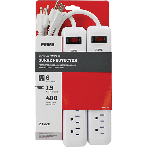 Barre multiprise limiteur de surtension, paquet de 2, 6 Prises, 400 J, 1875 W, Cordon 1,5' Action Paper