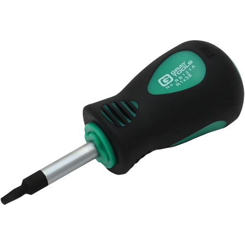 Stubby Square Recess Screwdriver, #1 Tip, Round, 3-1/4" L, Cushion Grip Handle Action Paper