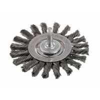 Knot Wire Wheel Brushes - Standard Twist Knot with 1/4" Shank, 4" Dia., 0.014" Fill, Steel Action Paper