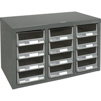 KPC-100 Parts Cabinet, Galvanized Steel, 12 Drawers, 23" x 11-2/5" x 13-4/5", Grey Action Paper