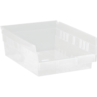 Shelf Bins, 8-3/8" W x 4" H x 11-5/8" D, Clear, 30 lbs. Capacity Action Paper