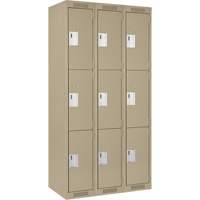 Clean Line Lockers, 3 -tier, Bank of 3, 36" x 18" x 72", Steel, Beige, Rivet (Assembled) Action Paper