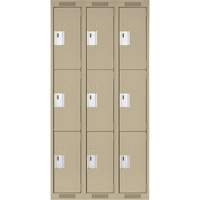 Clean Line Lockers, 3 -tier, Bank of 3, 36" x 18" x 72", Steel, Beige, Rivet (Assembled) Action Paper