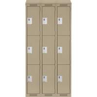 Clean Line Lockers, 3 -tier, Bank of 3, 36" x 18" x 78", Steel, Beige, Rivet (Assembled) Action Paper