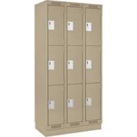 Clean Line Lockers, 3 -tier, Bank of 3, 36" x 18" x 76", Steel, Beige, Rivet (Assembled) Action Paper