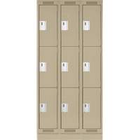 Clean Line Lockers, 3 -tier, Bank of 3, 36" x 18" x 76", Steel, Beige, Rivet (Assembled) Action Paper