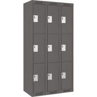 Clean Line Lockers, 3 -tier, Bank of 3, 36" x 18" x 72", Steel, Charcoal, Rivet (Assembled) Action Paper