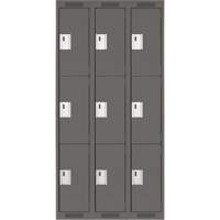Clean Line Lockers, 3 -tier, Bank of 3, 36" x 18" x 72", Steel, Charcoal, Rivet (Assembled) Action Paper