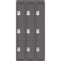 Clean Line Lockers, 3 -tier, Bank of 3, 36" x 18" x 78", Steel, Charcoal, Rivet (Assembled) Action Paper