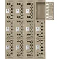 Clean Line Lockers, 3 -tier, Bank of 4, 48" x 12" x 72", Steel, Beige, Rivet (Assembled), Perforated Action Paper