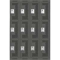 Clean Line Lockers, 3 -tier, Bank of 4, 48" x 12" x 72", Steel, Charcoal, Rivet (Assembled), Perforated Action Paper