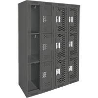 Clean Line Lockers, 3 -tier, Bank of 4, 48" x 12" x 72", Steel, Charcoal, Rivet (Assembled), Perforated Action Paper