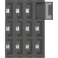 Clean Line Lockers, 3 -tier, Bank of 4, 48" x 12" x 72", Steel, Charcoal, Rivet (Assembled), Perforated Action Paper