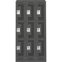 Clean Line Lockers, 3 -tier, Bank of 3, 36" x 18" x 82", Steel, Charcoal, Rivet (Assembled), Perforated Action Paper