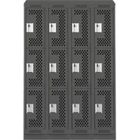 Clean Line Lockers, 3 -tier, Bank of 4, 48" x 18" x 82", Steel, Charcoal, Rivet (Assembled), Perforated Action Paper