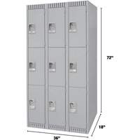 Lockers, 3 -tier, Bank of 3, 36" x 18" x 72", Steel, Grey, Knocked Down Action Paper