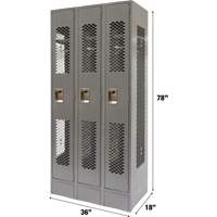 Vented Lockers, Bank of 3, 36 x 18" x 78", Steel, Grey, Knocked Down, Perforated Action Paper