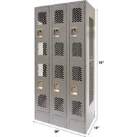 Vented Lockers, 2 -tier, Bank of 3, 36 x 18" x 78", Steel, Grey, Knocked Down, Perforated Action Paper