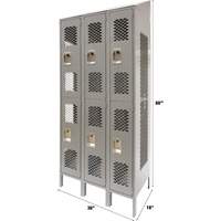 Vented Lockers, 2 -tier, Bank of 3, 36 x 18" x 88", Steel, Grey, Knocked Down, Perforated Action Paper