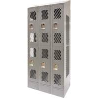 Vented Lockers, 2 -tier, Bank of 3, 36 x 18" x 88", Steel, Grey, Knocked Down, Perforated Action Paper
