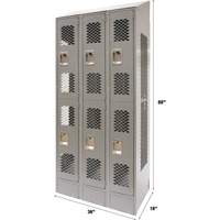 Vented Lockers, 2 -tier, Bank of 3, 36 x 18" x 88", Steel, Grey, Knocked Down, Perforated Action Paper