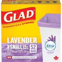 Sacs parfum&eacute;s et de couleur lavande de Glad, Fort, 17" la x 20" lo, Mauve, Capacit&eacute; 15 L (3,96 gal) Action Paper