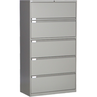 Lateral Filing Cabinet, Steel, 5 Drawers, 36" W x 18" D x 65-1/2" H, Grey Action Paper